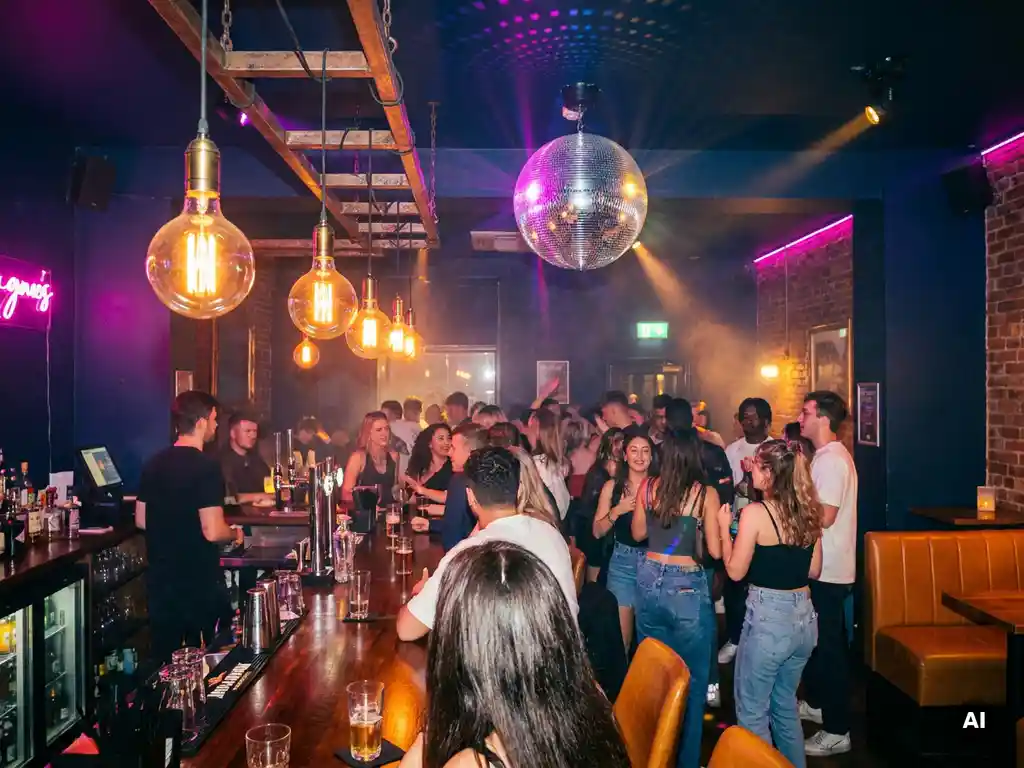 Belebte Bar mit Discokugel, Edison-Glühbirnen und tanzender Menge in Magenta- und Bernsteinlicht.