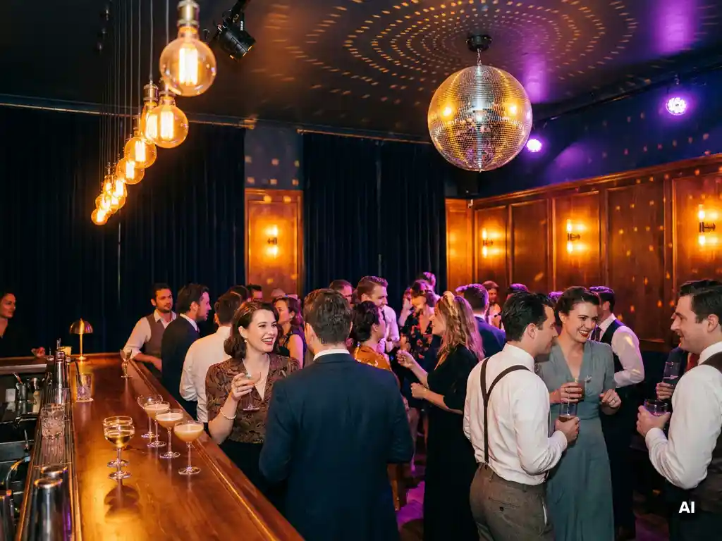 Dunkel beleuchtete Bar mit Edison-Glühbirnen, Discokugel streut Licht in Amber- und Violetttönen über Cocktailgläser und Tanzfläche.