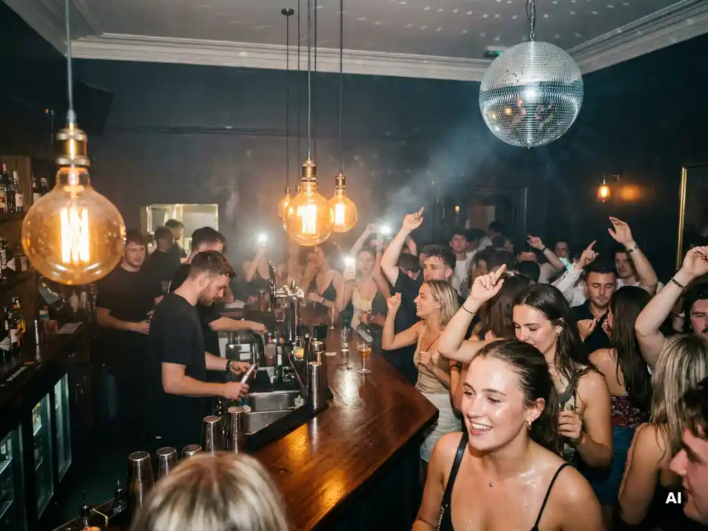 Belebte Bar mit Disco-Spiegelkugel, Edison-Glühbirnen und tanzender Menge in warmem Amber- und Silberlicht.