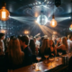 Belebte Bar mit Tanzfläche, Disco-Spiegelkugel und Edison-Lampen tauchen junge Menschenmenge in warmes Bernsteinlicht.