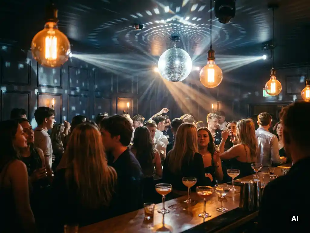 Belebte Bar mit Tanzfläche, Disco-Spiegelkugel und Edison-Lampen tauchen junge Menschenmenge in warmes Bernsteinlicht.
