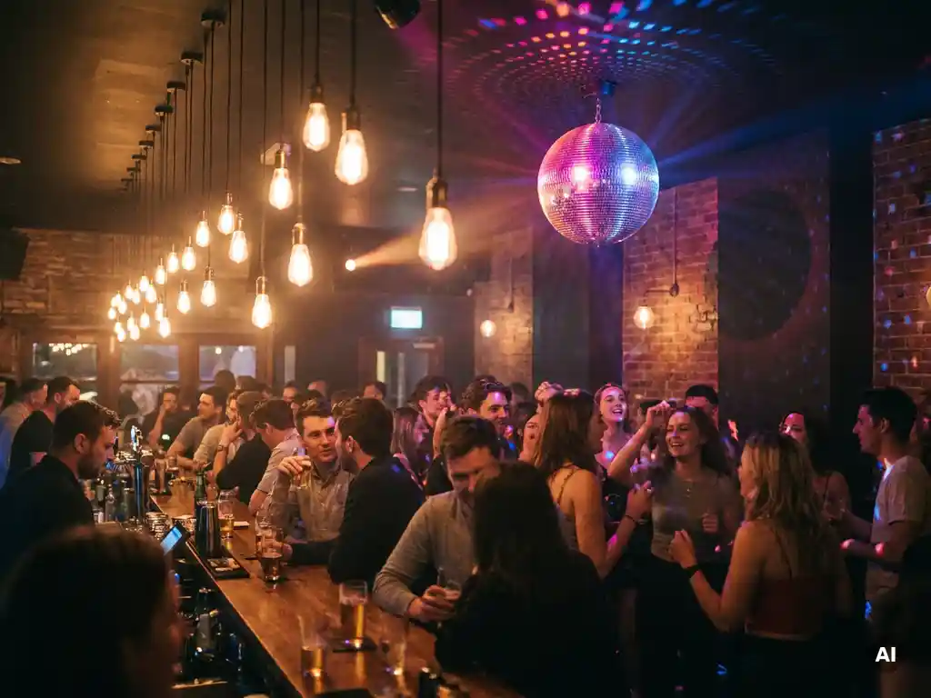 Belebte Bar mit Diskokugel, Edison-Glühbirnen und feiernden Gästen in magentafarbenem Licht vor Backsteinwand.