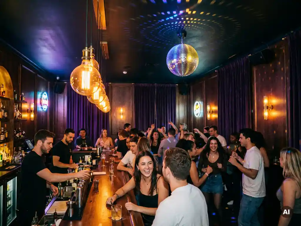 Belebte Bar mit Tanzfläche, Edison-Glühbirnen und Discokugel tauchen junge Menge in goldenes und violettes Licht.