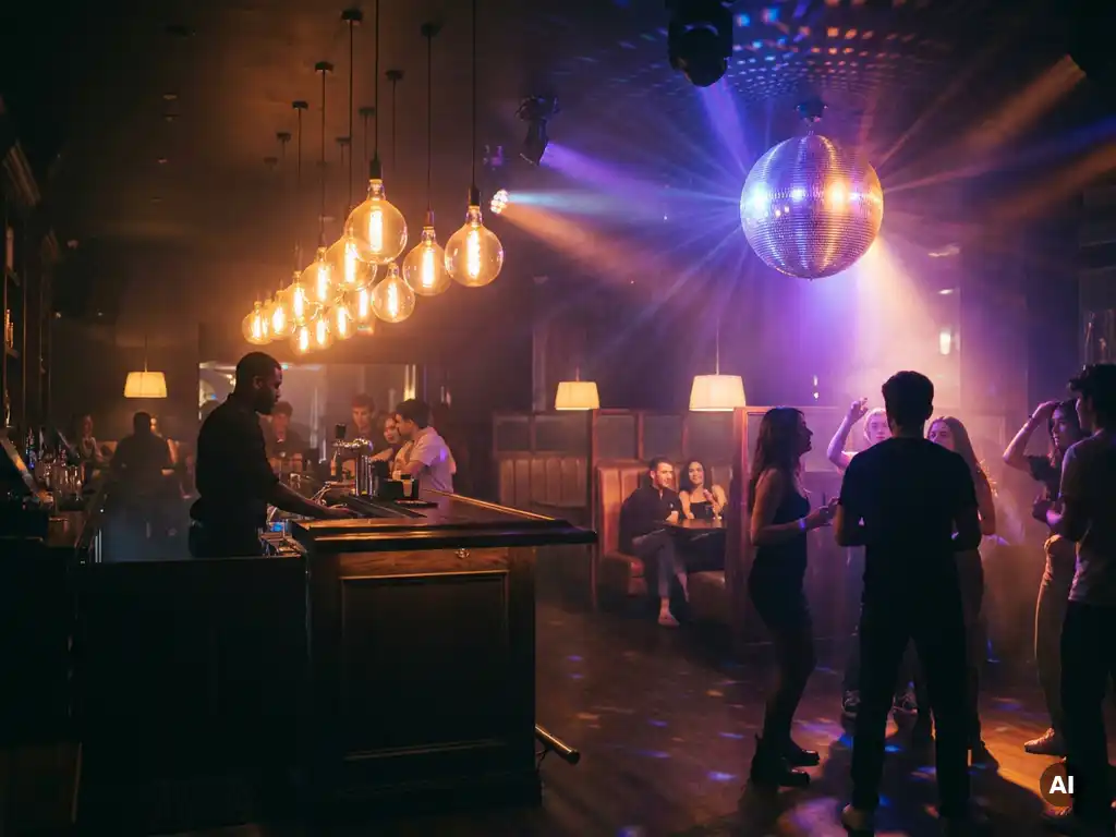 Belebte Bar mit Dancefloor, Edison-Glühbirnen und Diskokugel tauchen Menschenmenge in Bernstein- und Violetttöne.