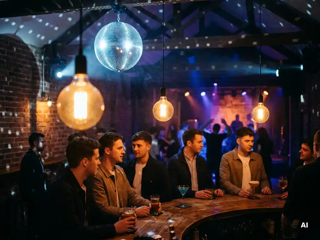 Belebte Bar mit Diskokugel, die Licht auf Backsteinwände wirft, junge Gäste mit Cocktails im warmen Edison-Licht.