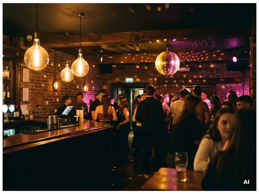 Belebte Bar mit Dancefloor, Edison-Glühbirnen und Spiegelkugel tauchen Silhouetten junger Menschen in warmes Gold und Pink.