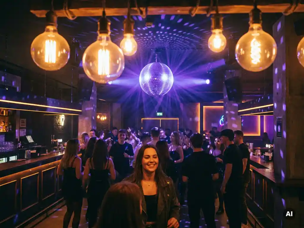 Belebte Bar-Tanzfläche mit Discokugel, Edison-Glühbirnen in Bernsteinton und violetten Neonakzenten über tanzenden Gästen.