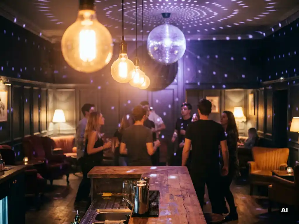 Belebte Bar mit Tanzfläche, Edison-Glühbirnen und Diskokugel tauchen Silhouetten junger Gäste in Burgund- und Ambertöne.