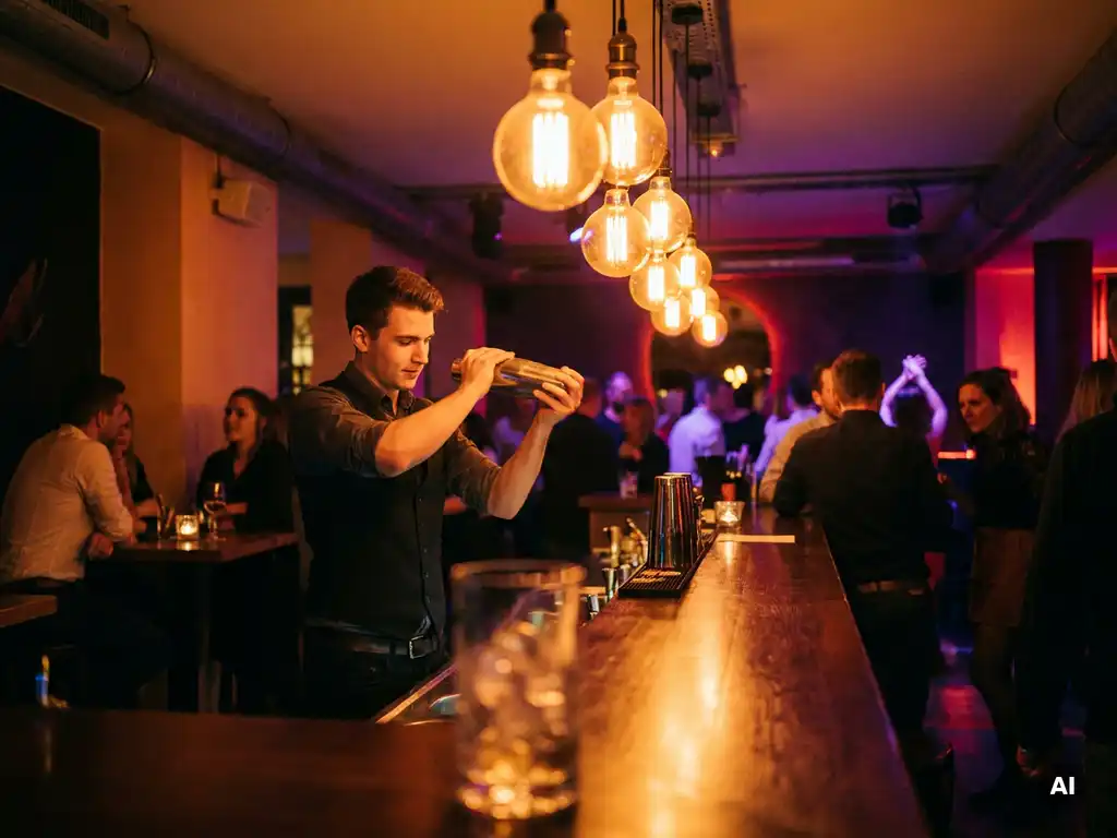 Junger Bartender schüttelt Cocktail-Shaker an elegantem Tresen in einem Münchner Nachtclub mit warmem Edison-Licht.