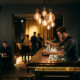 Bartender mixt einen Cocktail an einer eleganten Bar in München, warme Edison-Glühbirnen und ein ruhiger Tanzbereich im Hintergrund.
