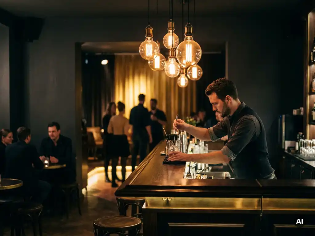 Bartender mixt einen Cocktail an einer eleganten Bar in München, warme Edison-Glühbirnen und ein ruhiger Tanzbereich im Hintergrund.