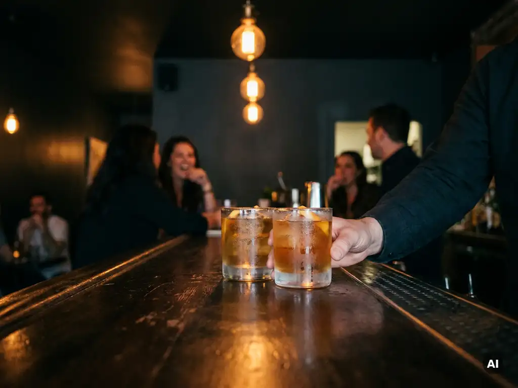 Bartender reicht zwei beschlagene Cocktails über einen dunklen Bartresen, warme Edison-Glühbirnen und verschwommene Gäste im Hintergrund.
