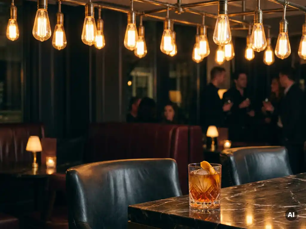 Cocktail auf dunkler Marmorbar in stimmungsvoller Lounge mit Edison-Glühbirnen und Ledersitzen im Hintergrund.
