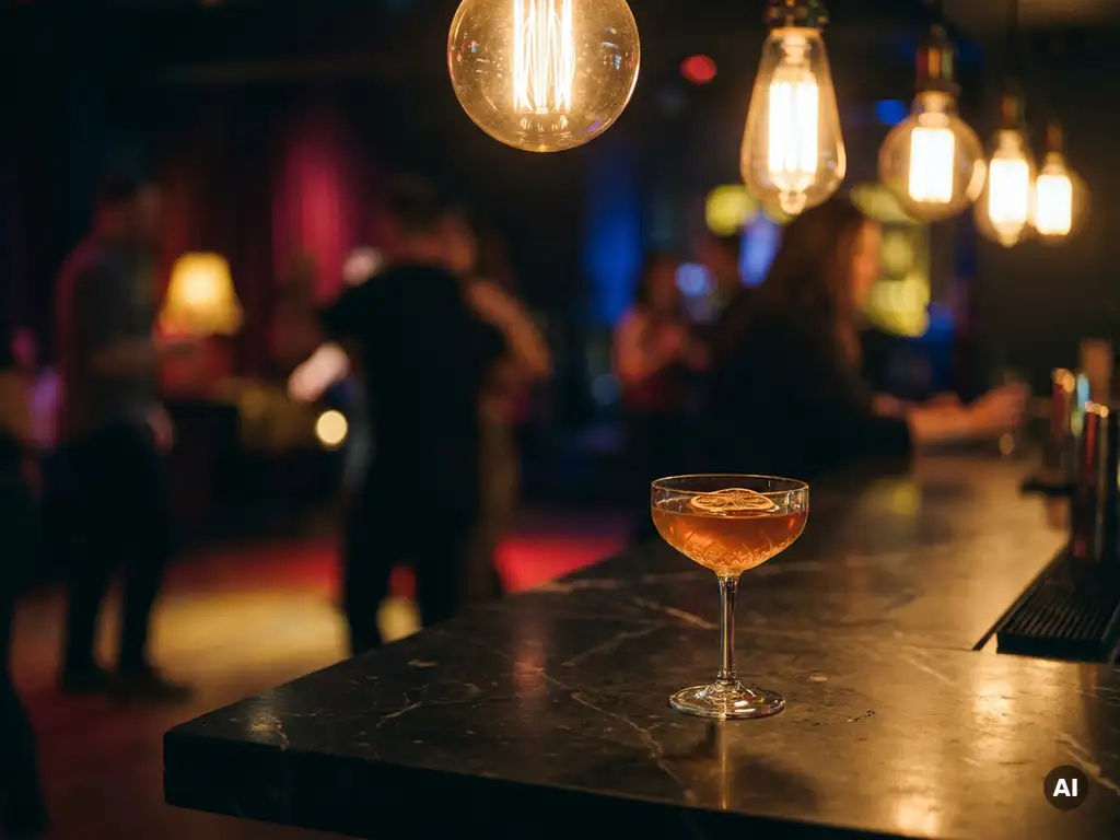 Cocktailglas mit bernsteinfarbenem Licht auf dunkler Marmorbar, Edison-Glühbirnen und verschwommene Tanzfläche im Hintergrund.