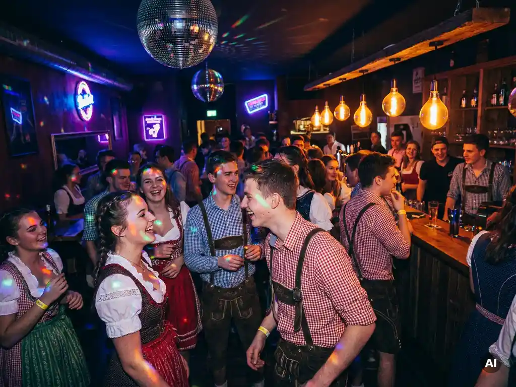 Junge Feiernde in Dirndl und Lederhosen tanzen in einem Nachtclub mit Diskokugeln und Edison-Glühbirnen.