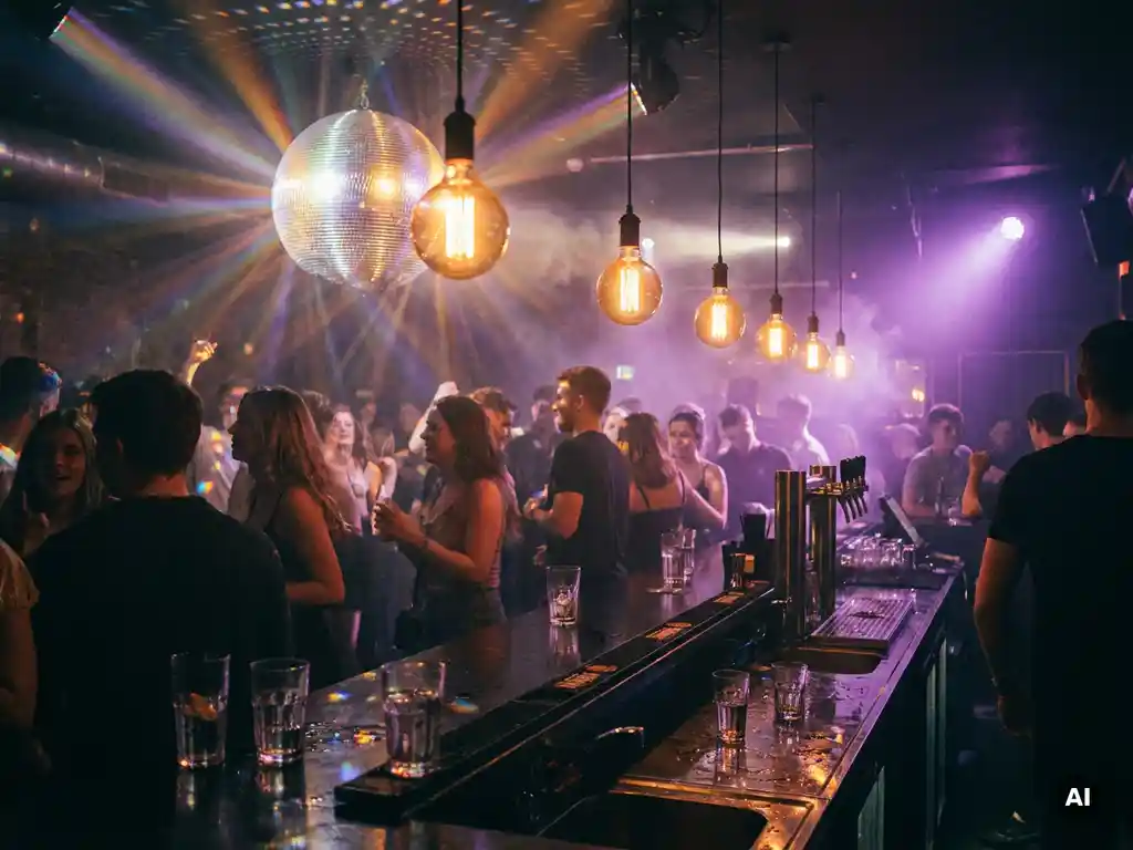 Discokugel wirft Regenbögen über eine belebte Bar mit Edison-Glühbirnen, Menschen tanzen in Bernstein- und Violettlicht.