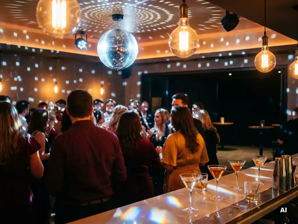 Discokugel wirft Lichtreflexe auf eine belebte Tanzfläche mit warmem Ambiente, Edison-Glühbirnen und Cocktailgläsern in Burgund- und Goldtönen.
