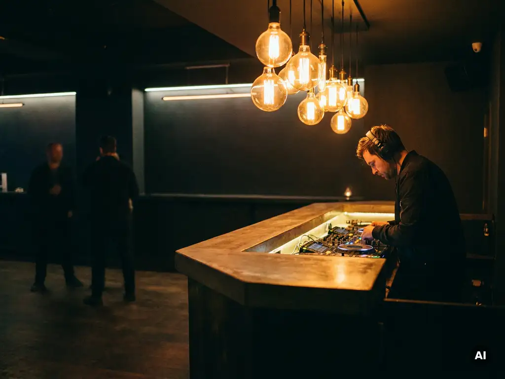 DJ an beleuchteter Bar-Konsole, Edison-Glühbirnen tauchen leere Tanzfläche in warmes Bernsteinlicht, Silhouetten im Hintergrund.