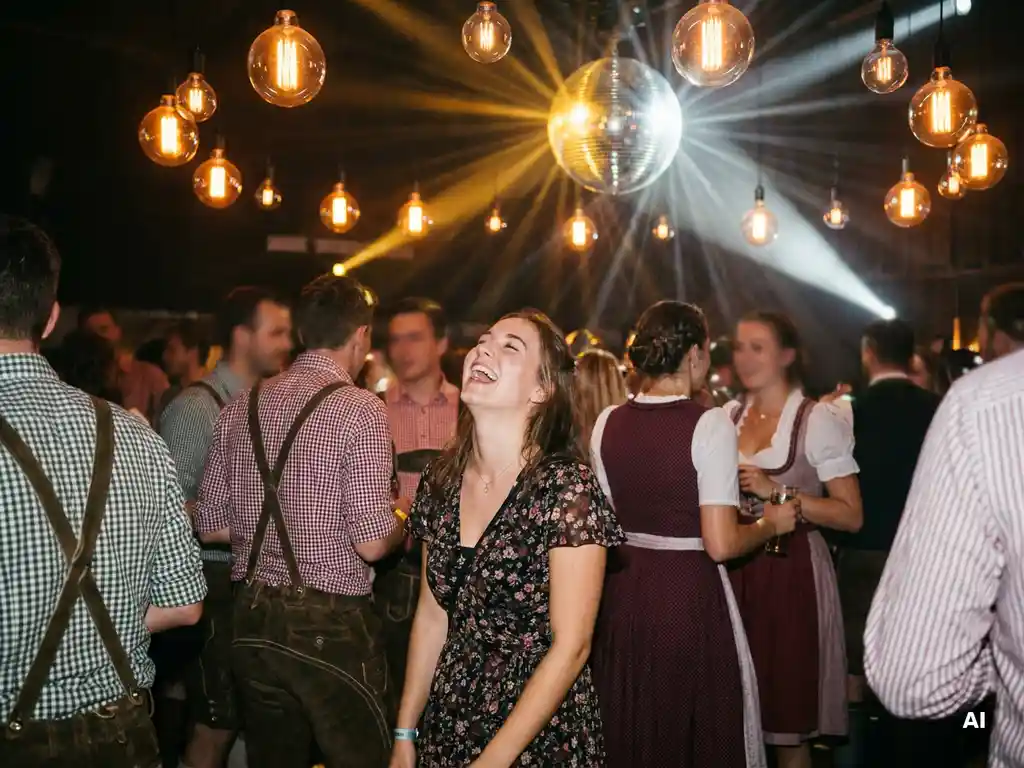 Lachende Frau im Blumenkleid auf Oktoberfest-Tanzfläche, Freunde in Tracht, Discokugel verstreut goldenes Licht.