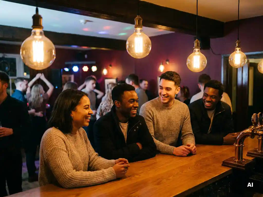 Junge Menschen lachen entspannt an einer beleuchteten Bartheke, warme Edison-Glühbirnen tauchen die lebhafte Bar in goldenes Licht.