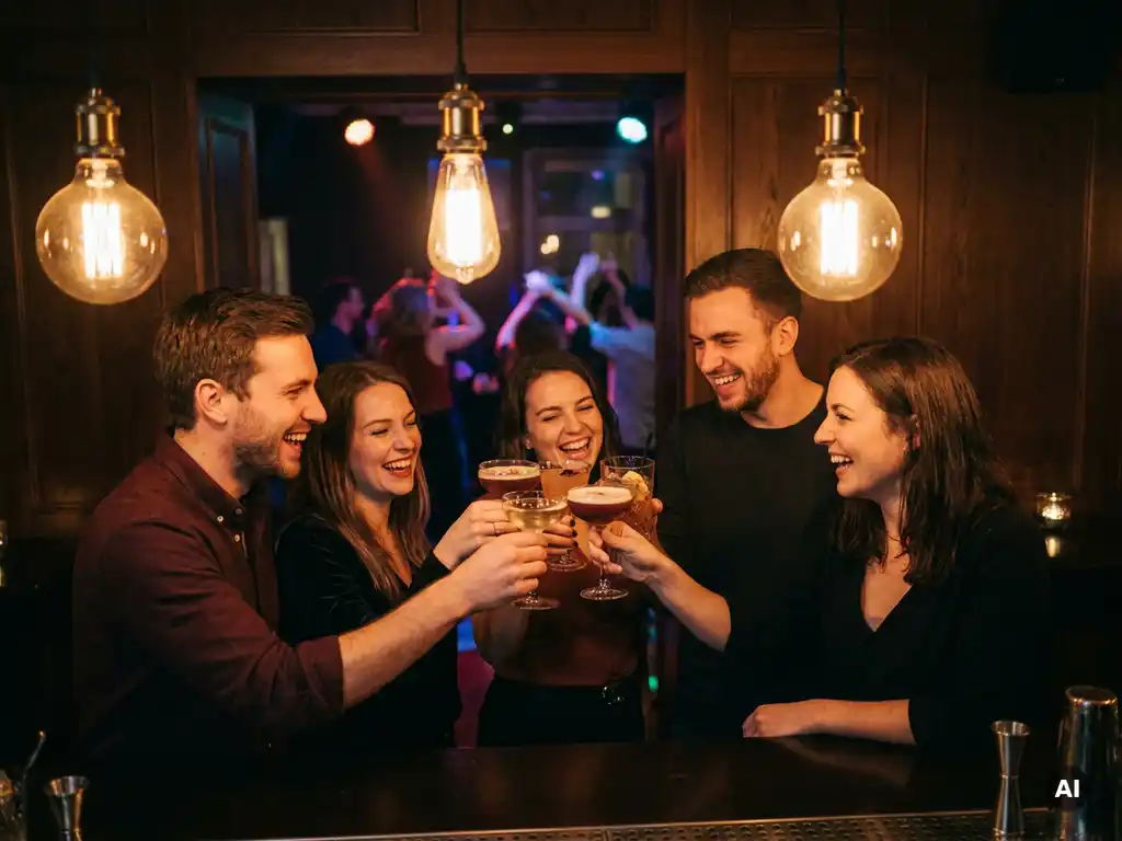 Lachende Freundesgruppe stößt mit Cocktails an einer Bartheke in München an, warmes Edison-Licht und tanzende Gäste im Hintergrund.