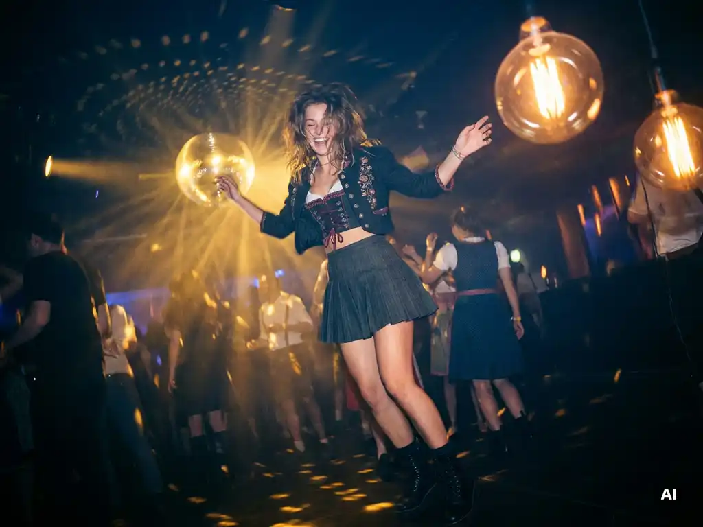 Junge Frau im modernen Dirndl tanzt ausgelassen auf dunkler Clubbühne mit Discokugel-Reflexionen und warmem Ambiente-Licht.