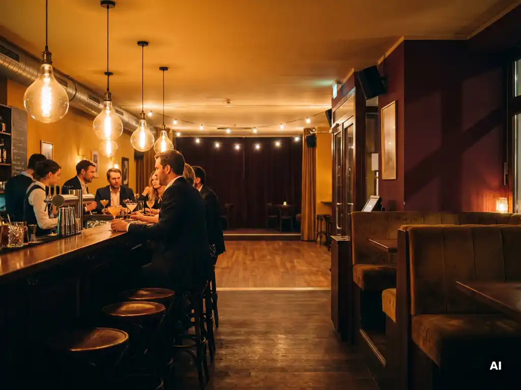 Gemütliche Münchner Bar am Abend mit leuchtendem Holztresen, Edison-Glühbirnen und Gästen auf Barhockern in warmem Goldlicht.
