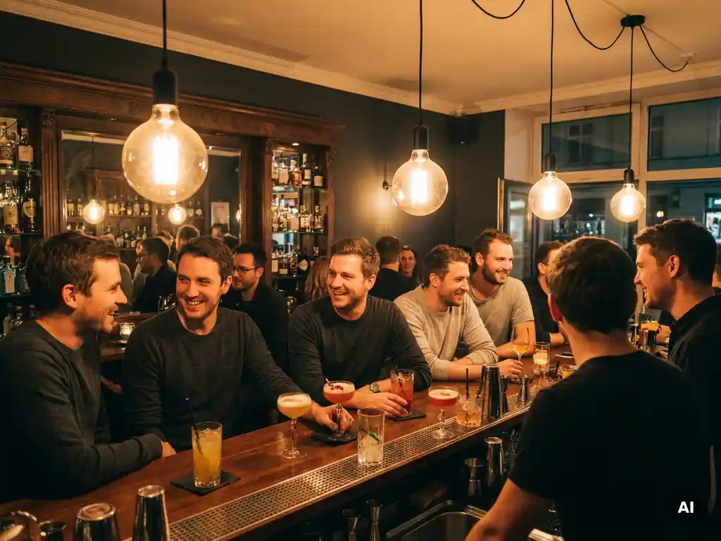 Gäste lachen bei Craft Cocktails an einer warmbeleuchteten Theke in einer Münchner Bar mit Edison-Glühbirnen und dunklem Holz.