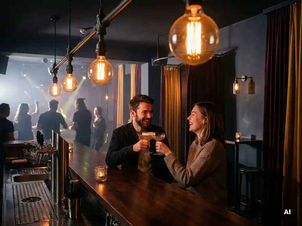 Zwei lachende Gäste mit Cocktails an einer stilvollen Bar in München, Edison-Glühbirnen, warmes Ambiente, Tanzfläche im Hintergrund.