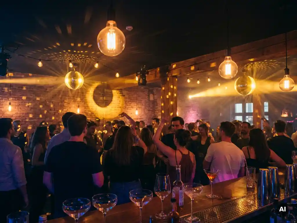Belebte Münchner Bar mit tanzender Menge, Edison-Glühbirnen und Diskokugeln, die goldenes Licht auf Backsteinwände werfen.