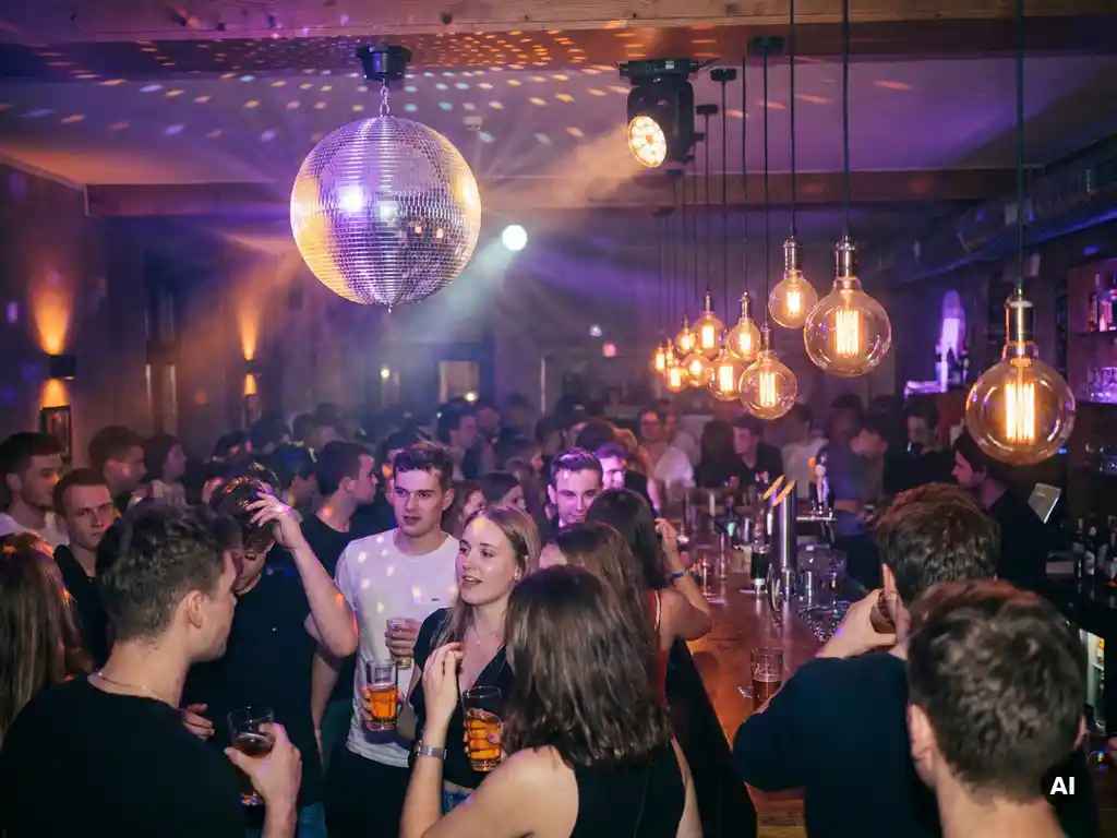 Disco-Kugel wirft prismatisches Licht auf feiernde Gäste in einer stimmungsvollen Münchner Bar mit Edison-Glühbirnen und lila-goldener Atmosphäre.