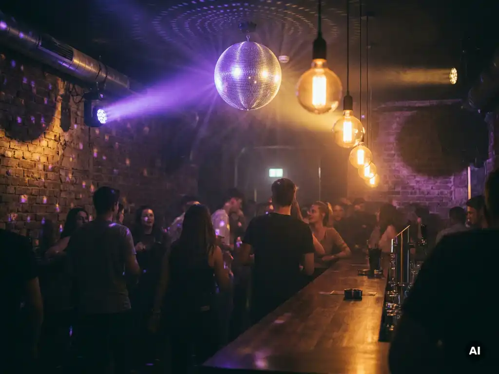 Münchner Bar mit Discokugel, die farbiges Licht auf Backsteinwände wirft, Edison-Glühbirnen und tanzende Silhouetten im Hintergrund.