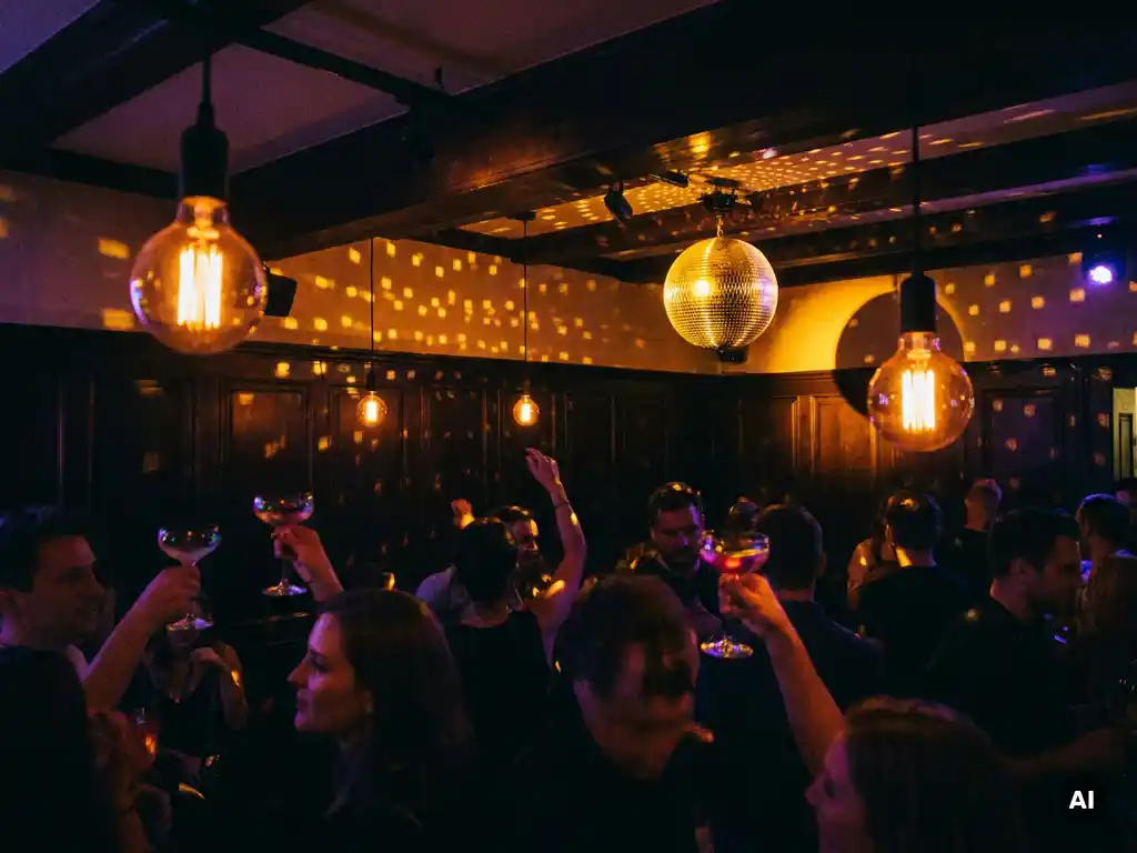 Belebte Münchner Bar mit Discokugel, Edison-Glühbirnen und tanzender Menge in warmem Bernstein- und Violettlicht.