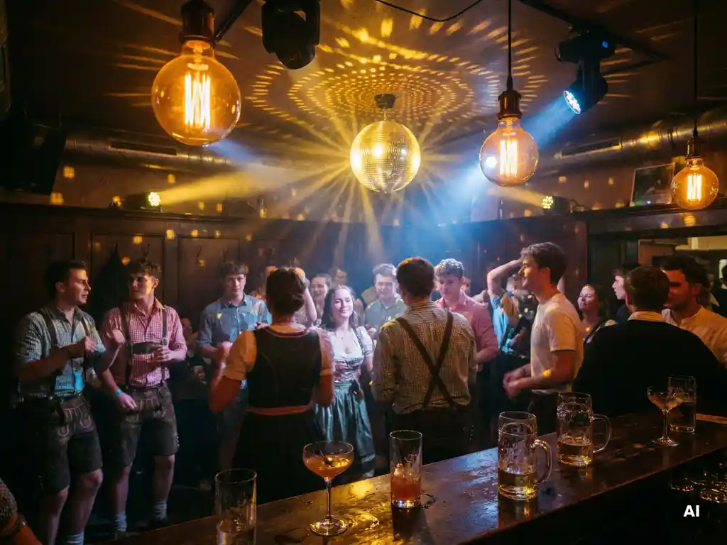 Münchner Bar mit Diskokugel, Edison-Glühbirnen und tanzenden Gästen in Tracht unter goldenem und blauem Licht.