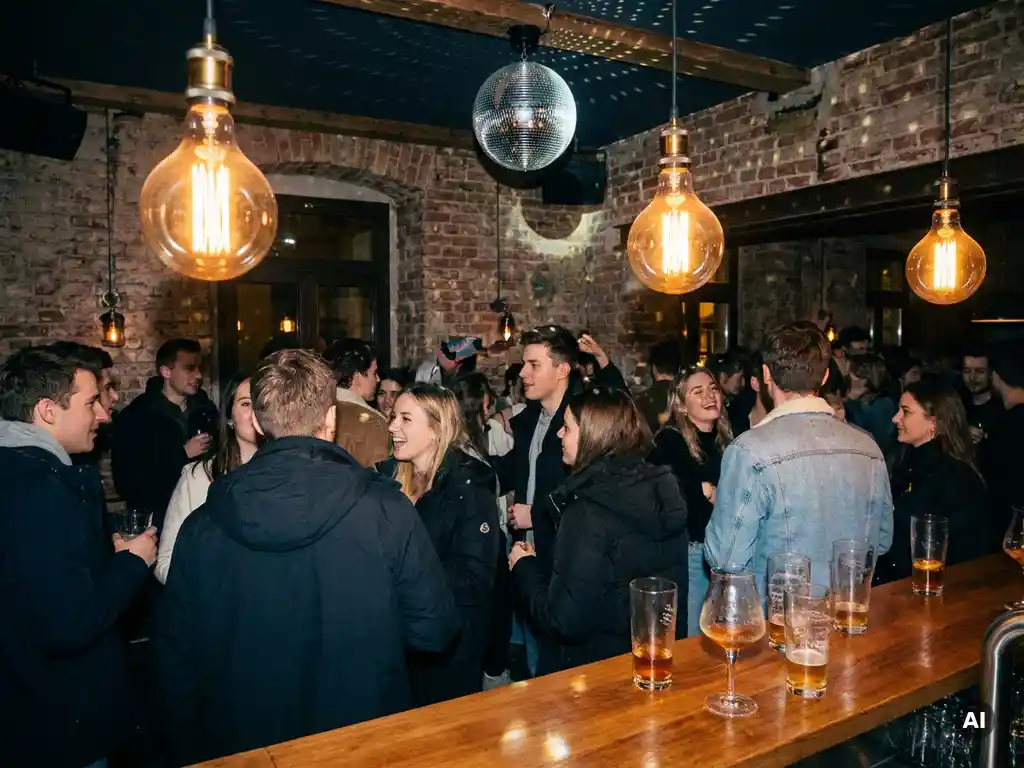Münchner Bar mit Discokugel, Vintage-Glühbirnen und tanzenden Gästen auf einem stimmungsvollen Dancefloor mit Backsteinwänden.