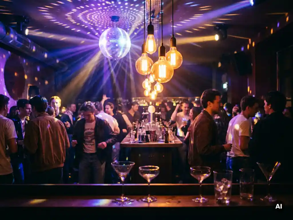 Drehende Discokugel verstreut Licht über tanzende Menge in Münchner Bar mit Edison-Glühbirnen und violetten Akzenten.