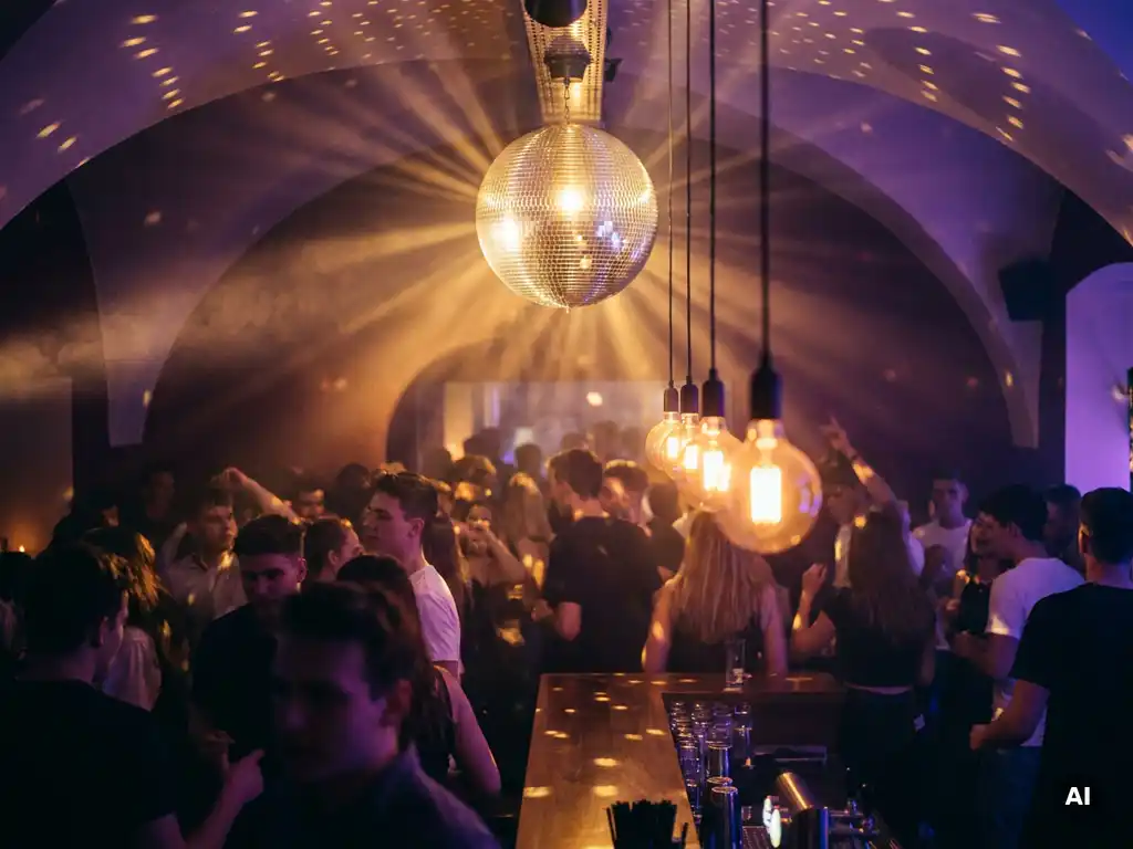 Drehende Discokugel verstreut goldenes Licht über tanzende Menschenmenge in Münchner Bar mit Edison-Glühbirnen und violettem Ambiente.