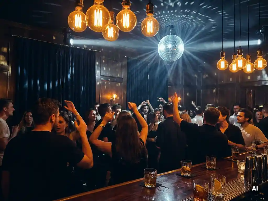 Belebte Münchner Bar mit Diskokugel, warmem Licht der Edison-Lampen und tanzender Menge in Navy- und Goldtönen.
