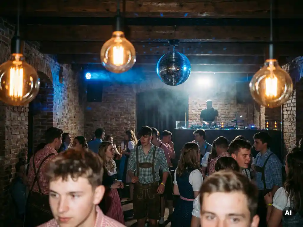 Münchner Bar verwandelt sich in Tanzfläche mit Oktoberfest-Gästen unter Edison-Glühbirnen und Discokugel.