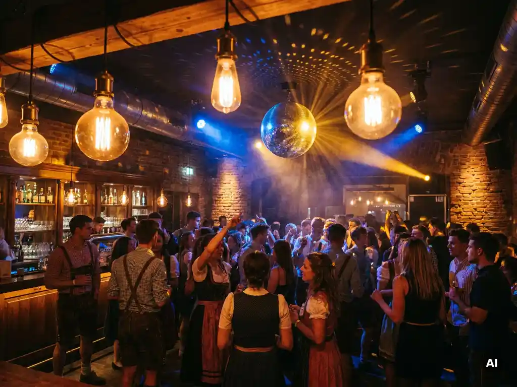 Münchner Bar mit Tanzfläche, Discokugel und Edison-Glühbirnen, junge Feiernde in Oktoberfest-Nightclub-Outfits, Backsteinwände in Amber- und Blautönen.