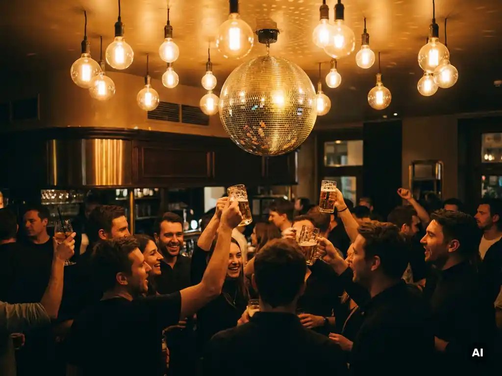 Discokugel wirft goldenes Licht auf belebte Münchner Bar mit tanzenden Gästen und Edison-Glühbirnen über der Tanzfläche.