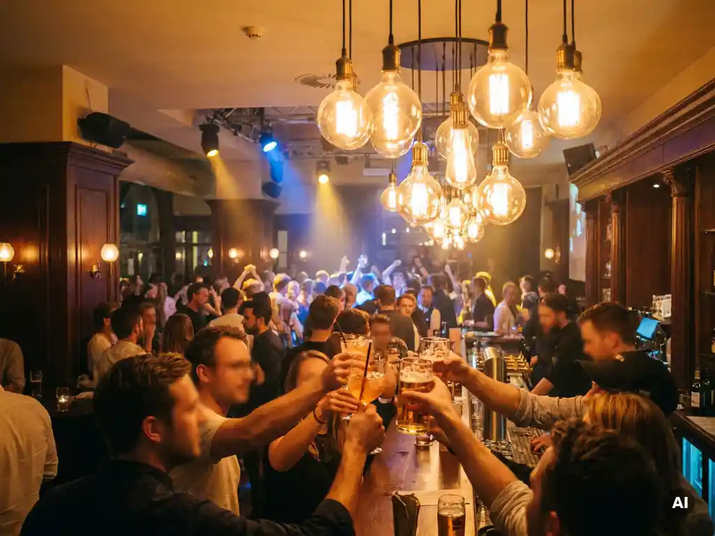 Belebte Münchner Bar mit Edison-Glühbirnen, erhobenen Cocktailgläsern und Tanzfläche in warmem Bernsteinlicht.