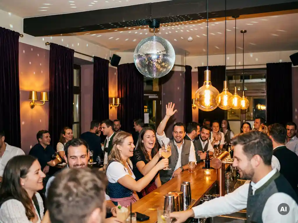 Diskokugel wirft Lichtreflexe in einer belebten Münchner Bar, Gäste stoßen lachend mit Cocktails an unter warmem Glühlampenlicht.