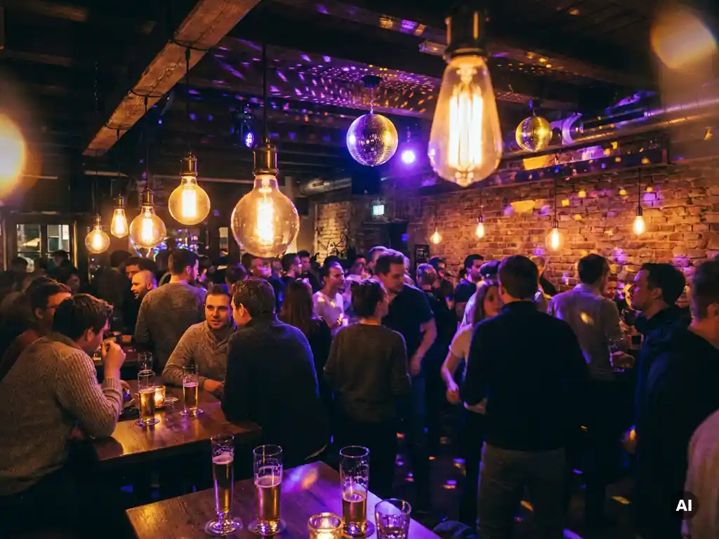 Münchner Bar mit Tanzfläche, Edison-Glühbirnen und Discokugeln tauchen die Menge in Gold- und Violetttöne.