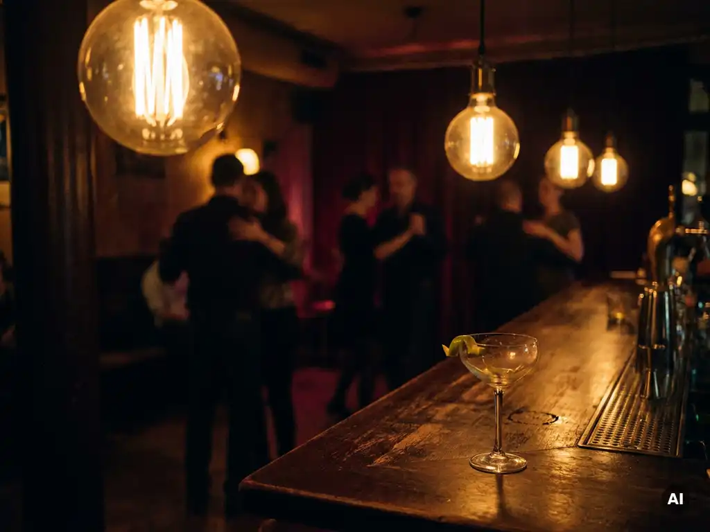 Münchner Bar mit Tanzfläche in warmem Bernsteinlicht, Edison-Glühbirnen, leeres Cocktailglas auf dem Tresen, silhouettierte Figuren im Hintergrund.