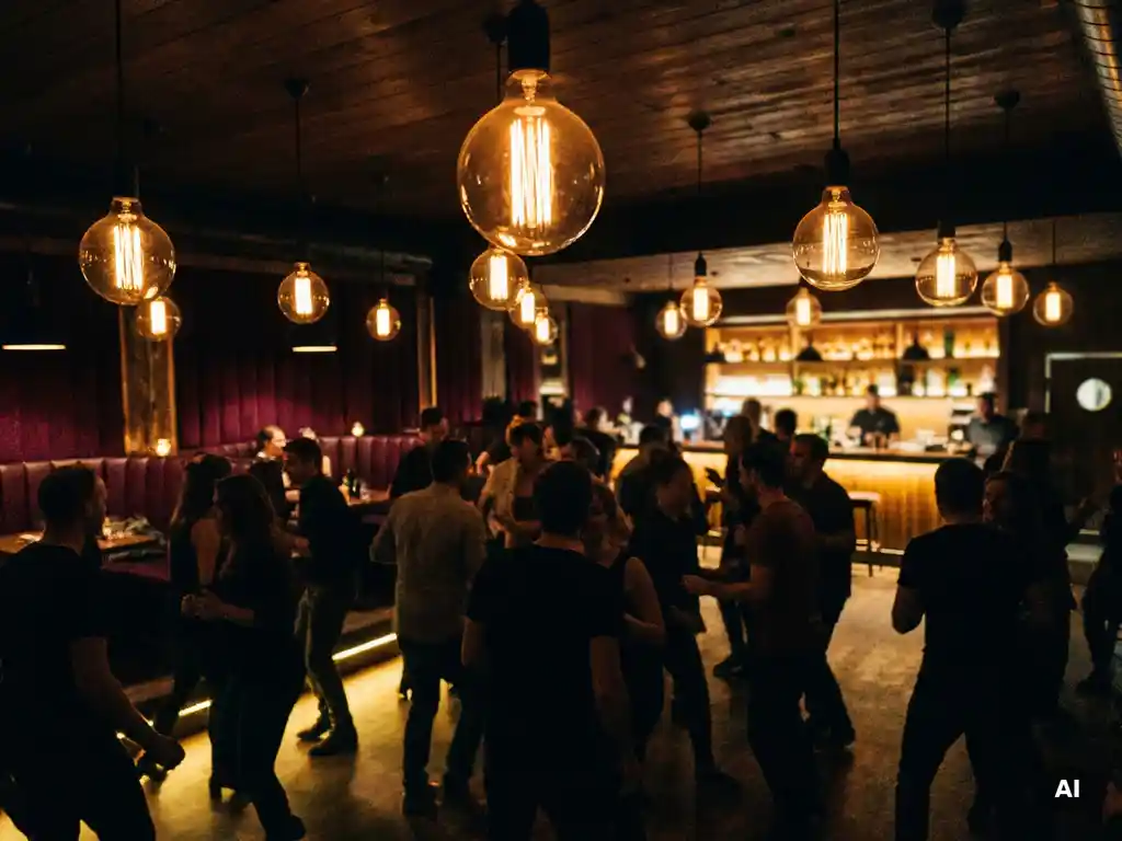 Tanzende Silhouetten in einer Münchner Bar mit warmem Ambicelicht großer Edison-Glühbirnen und goldener Atmosphäre.