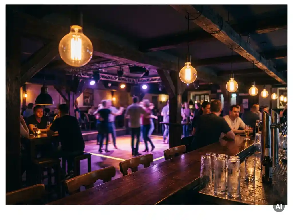 Tanzende Silhouetten in einer Münchner Bar mit warmem Bernstein- und Violettlicht, Edison-Glühbirnen und beschlagenen Gläsern auf der Theke.