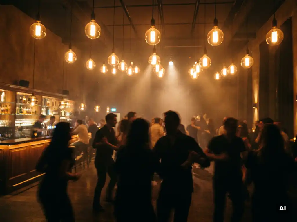 Tanzende Silhouetten in einem Münchner Club, beleuchtet von warmem Glühlampenlicht und atmosphärischem Dunst über der Menge.