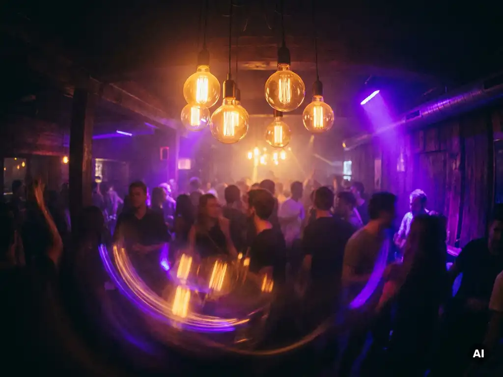 Tanzfläche eines Münchner Clubs mit warmem Bernstein- und Violettlicht, glühenden Edison-Lampen und bewegten Silhouetten in atmosphärischem Dunst.
