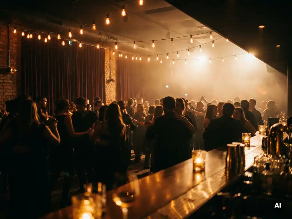 Silhouetten tanzender Menschen auf einem Münchner Club-Dancefloor unter warmem Glühlampenlicht mit Nebeleffekten und goldenen Reflexionen.